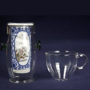 Three Piece Unused Glass & Ceramic Tea Infuser with Landscape Scenes and Glass T